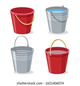 Full and empty gardening buckets. Pailful or bucket with water vector illustration, filled steel metal and pumped plastic pails isolated on white background