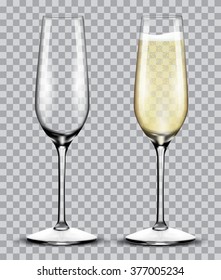 full and empty glass of champagne isolated on a transparent background