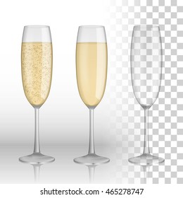Full and empty glass of champagne and white wine isolated on a transparent background.  vector illustration.  Holiday celebration concept