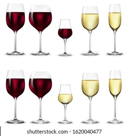 Full and empty glasses for white and red wine.