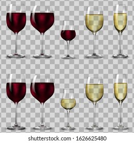 Full and empty glasses for white and red wine.