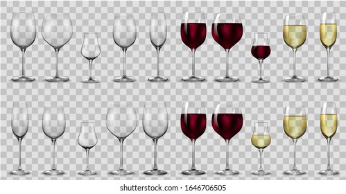 Volle und leere Gläser für Weißwein und Rotwein.