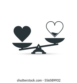 Full and empty heart on scales, measurement love, vector.