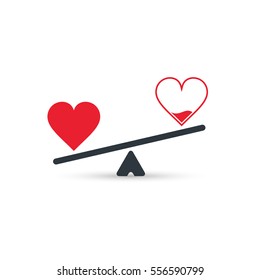 Full and empty heart on scales, measurement love level, vector concept.