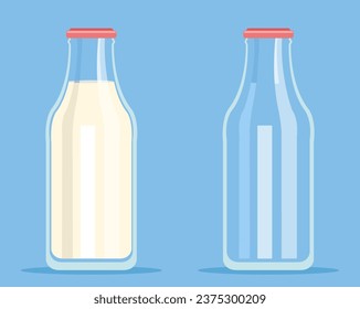 Full empty milk bottle glass dairy drink isolated set. Vector flat graphic design illustration