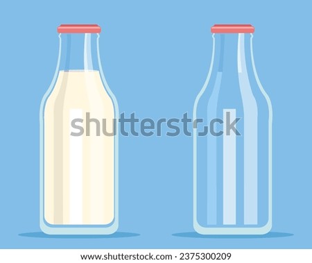Full empty milk bottle glass dairy drink isolated set. Vector flat graphic design illustration