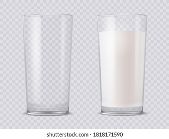 Full and empty milk glasses. Transparent realistic vector illustration.