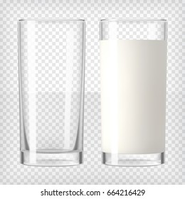 Full and empty milk glasses. Transparent photo realistic vector illustration.