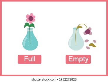 Full and empty opposite adjectives educational wordcard. Flashcard with flowers in a vase for school and preschool. Activity page for kids. Vector illustration