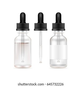 Full and empty realistic glass bottles mock ups with dropper. Template for medical or cosmetic fluid, drops, oil, juice 