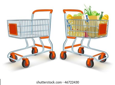 full and empty shopping carts from supermarket store - vector illustration, isolated on white background