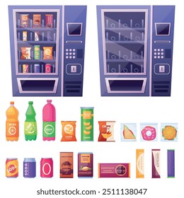 Full empty vending machine. Take away or to go snacks in automatic. Chocolate drinks in can chips sandwiches. Fast food icons, nowaday vector set