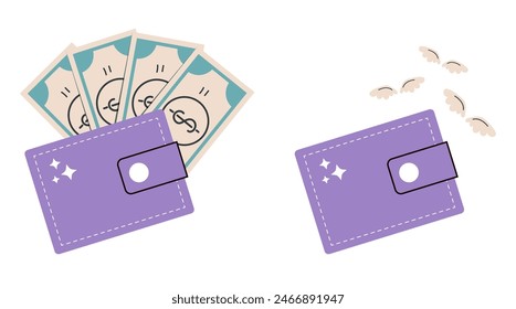 Full and empty wallet isolated concept. Vector flat graphic design illustration