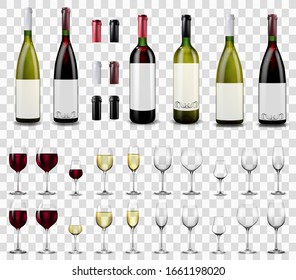 Full and empty wine glasses. Red and white wine bottles.