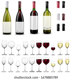 Full and empty wine glasses. Red and white wine bottles. Caps and sleeves, closing the stopper bottle.  Collection of realistic mockups. Vector illustration.