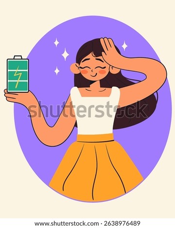 Full of energy concept. Cheerful energetic woman with full charge battery. Cartoon isolated vector illustration.