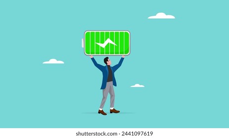 full energy to work and enthusiasm for business success, Productive and Efficiency businessman Employee, full of energy or enthusiasm for work, powerful Businessman Holding Battery with Full Charge 