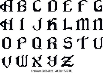 Full English alphabet in pixel art style with gothic and medieval design elements. Decorative uppercase letters. Vector illustration.