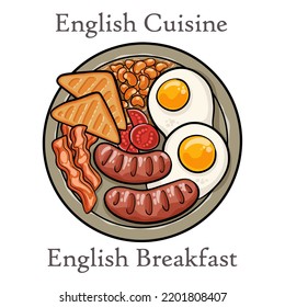 Desayuno inglés completo con tocino, salchichas, huevos, judías y champiñones