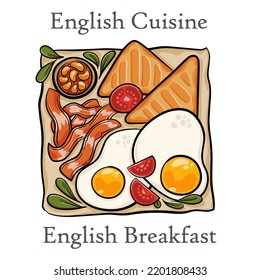 Full English breakfast with bacon, sausage, egg, beans and mushrooms