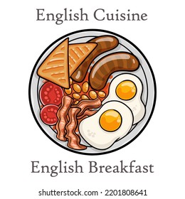 Desayuno inglés completo con tocino, salchichas, huevos, judías y champiñones