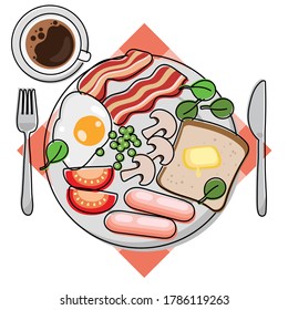 Desayuno inglés completo. Platos con huevo, tocino, tostadas, setas, judías, tomates, salchichas, espinacas. Café, mantel y cubiertos incluidos. Ilustración vectorial de color de contorno