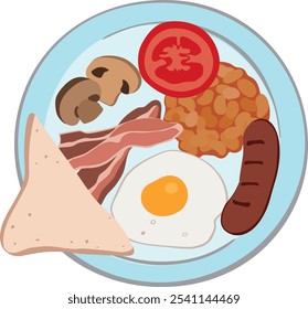 Plato de desayuno inglés completo con frijoles de huevo fritos, champiñones y tocino frito, Ilustración vectorial aislada