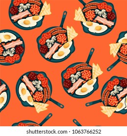 Full english breakfast. Seamless background pattern. Vector illustration