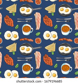 Full English breakfast seamless pattern. Beautiful hand drawn vector food illustration. Sketch style.
