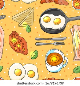 Full English breakfast seamless pattern. Beautiful hand drawn vector food illustration. Sketch style.