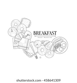 Full English Breakfast Set Hand Drawn Realistic Sketch