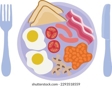 A full English fried breakfast plate meal table place setting with knife and fork cutlery
