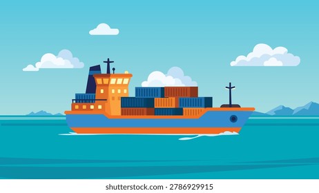 A full environment flat vector background showing a large cargo container ship traveling across a vibrant turquoise ocean. Features realistic white wake water trails behind the vessel, with a clear blue sky, fluffy clouds, and minimalist distant mountains on the horizon. Tailored for maritime commerce, global logistics marketing, and import-export industry backdrops.