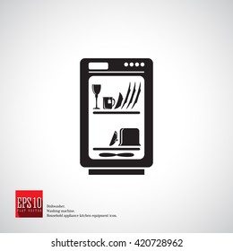 Full face dishwasher icon with one compartment, filled with tableware, the door is opened. Kitchen appliance. Household equipment. Detailed icon of kitchen appliance dishwasher. 