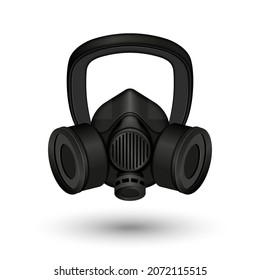 Full face gas 3d black mask with transparent glass isolated on white background, post apocalyptic respirator realistic vector clipart.
