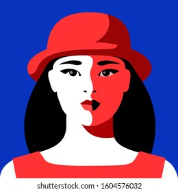 Full face portrait of abstract modern asian girl wearing hat. Vector illustration