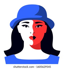 Full face portrait of abstract modern asian girl, with long hair, wearing hat. Vector illustration