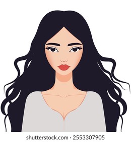 Full face portrait of a beautiful young woman with well-groomed skin and long dark hair. Cartoon, vector illustration.
