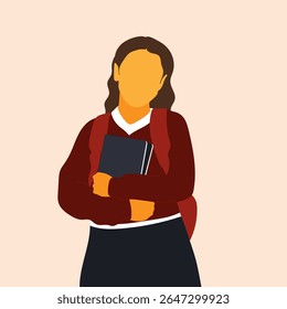 Full face portrait of young student girl holding textbooks and wearing red sweatshirt school uniform. Minimalist faceless vector back to school illustration