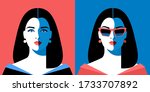 Full face portrait of young woman,  two variants, with glasses and without glasses. Female character with long hair, wearing evening decollete dress. Vector illustration