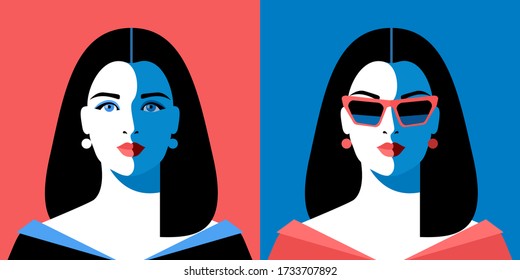 Full face portrait of young woman,  two variants, with glasses and without glasses. Female character with long hair, wearing evening decollete dress. Vector illustration