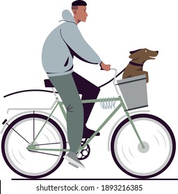 Full Face Young Guy On A Bike Basket With A Dog