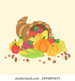 full of fall fruits and vegetables in cornucopia of harvest season, vector illustration