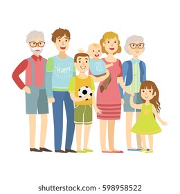 Full Family With Parents, Grandparents And Two Kids, Illustration From Happy Loving Families Series