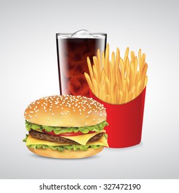 Full fast food meal with burger, box of french fries and cold drink.