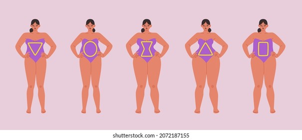 Full female body types isolated. Curvy women stand in a row in purple swimsuits. Vector illustration of chubby girls with triangle, circle, hourglass and rectangle signs.