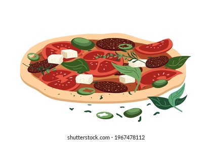 Pizza de queso Feta y salami con pimienta, jalapeno, albahaca y salsa de tomate. Sabrosa comida italiana con salchichas y verduras. Ilustración del vector plano de color realista aislada en fondo blanco