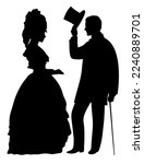 Full figure profile silhouettes of Victorian man who takes off his top hat in front of young lady  with fan. Man and woman face to face in historical clothes.