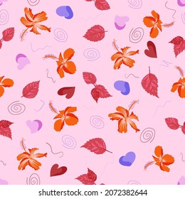 Full flourish graphical surface pattern artwork of hibiscus rosa sinensis aka shoeblackplant. Vibrant and radiant dark background repeating seamless art. Best for upholstery and textile fabrics.