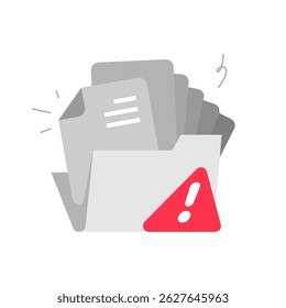 Full folder with overflowing documents illustration. Storage full concept with paper files coming out of file folder. Data overload, management, or digital storage warning symbol in flat design